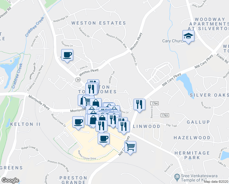 map of restaurants, bars, coffee shops, grocery stores, and more near 466 Talons Rest Way in Cary
