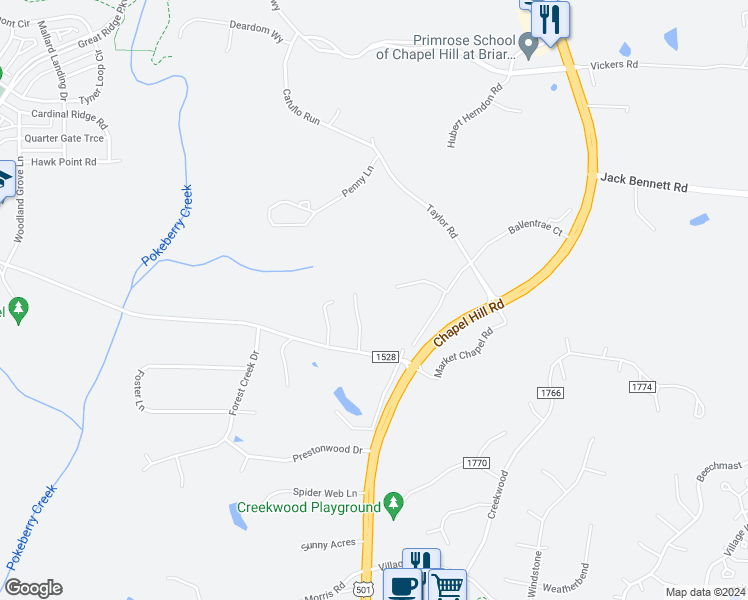 map of restaurants, bars, coffee shops, grocery stores, and more near 137 Allendale Drive in Pittsboro