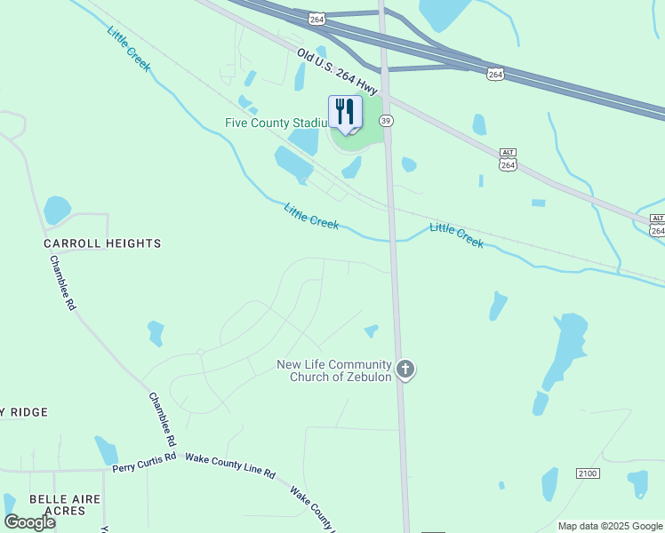 map of restaurants, bars, coffee shops, grocery stores, and more near 1304 Sidney Creek Drive in Zebulon