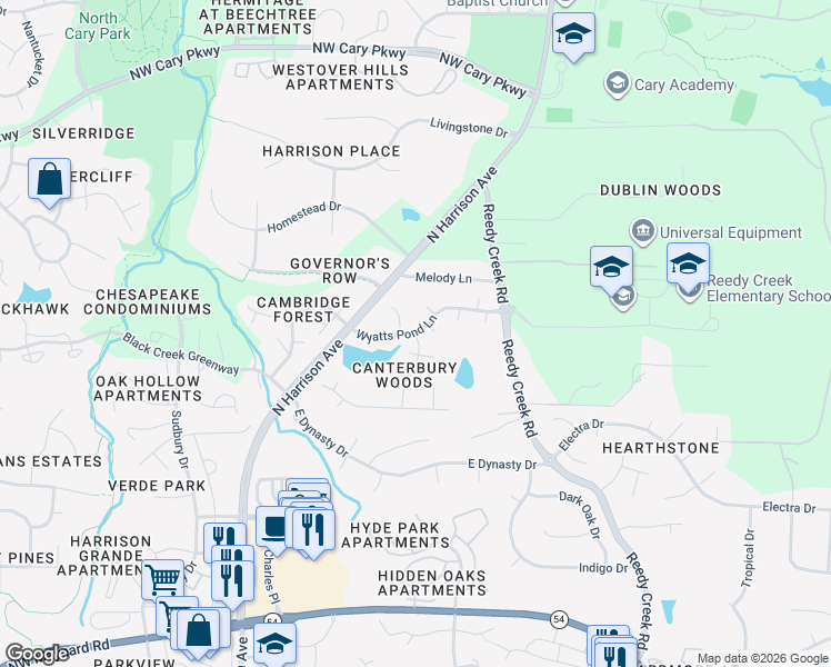 map of restaurants, bars, coffee shops, grocery stores, and more near 200 Wyatts Pond Lane in Cary