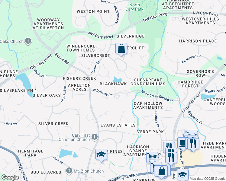 map of restaurants, bars, coffee shops, grocery stores, and more near 1123 Glenolden Court in Cary