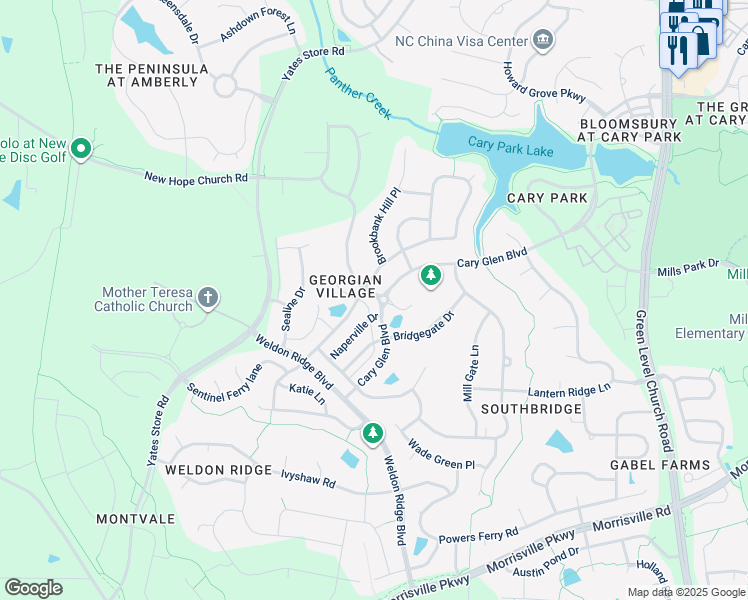 map of restaurants, bars, coffee shops, grocery stores, and more near 311 Waverly Hills Drive in Cary