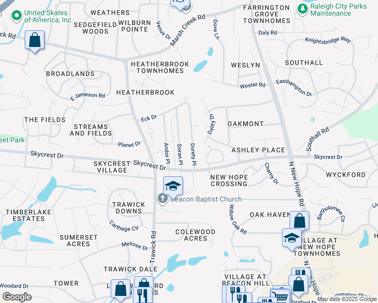 map of restaurants, bars, coffee shops, grocery stores, and more near 2313 Dorety Place in Raleigh