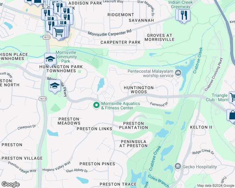 map of restaurants, bars, coffee shops, grocery stores, and more near 105 Hunters Glen Court in Morrisville