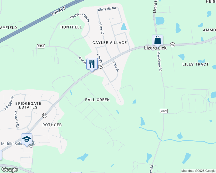 map of restaurants, bars, coffee shops, grocery stores, and more near 1404 Vista Drive in Wendell