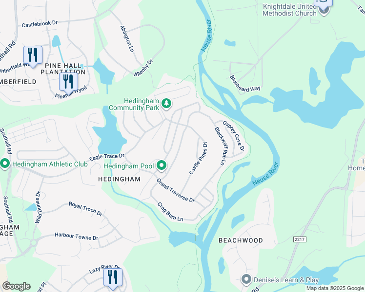 map of restaurants, bars, coffee shops, grocery stores, and more near 2132 Haig Point Way in Raleigh