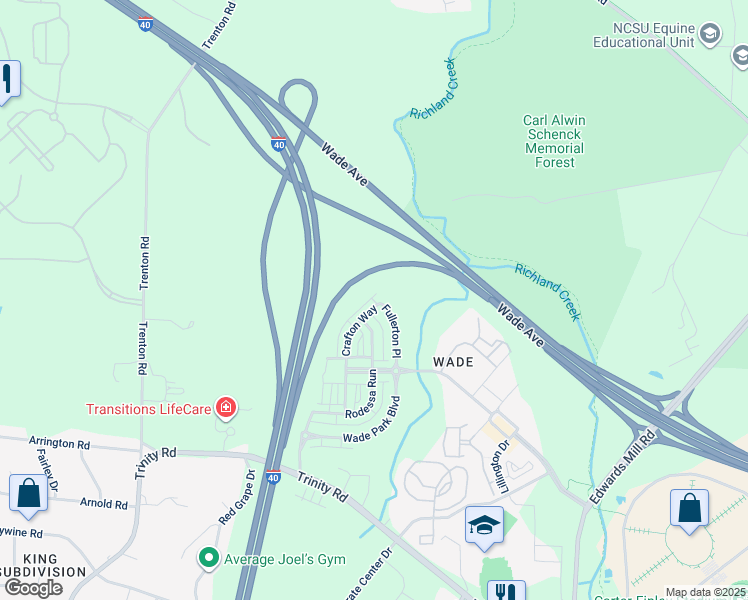 map of restaurants, bars, coffee shops, grocery stores, and more near 1647 Crafton Way in Raleigh