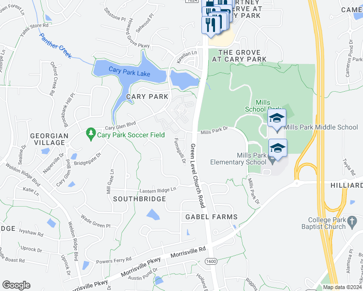 map of restaurants, bars, coffee shops, grocery stores, and more near 324 Castle Rock Lane in Cary
