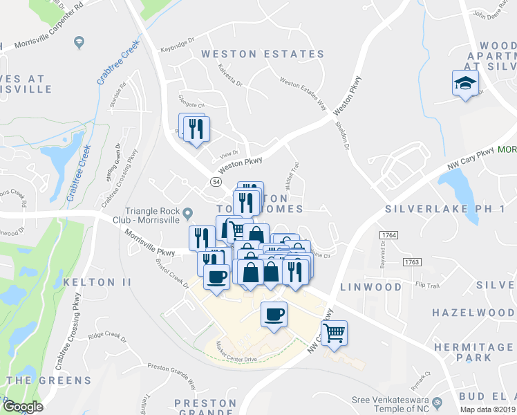 map of restaurants, bars, coffee shops, grocery stores, and more near Paddy Lane in Morrisville