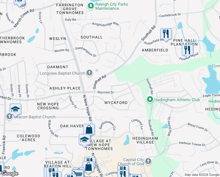map of restaurants, bars, coffee shops, grocery stores, and more near 4541 Tollington Drive in Raleigh
