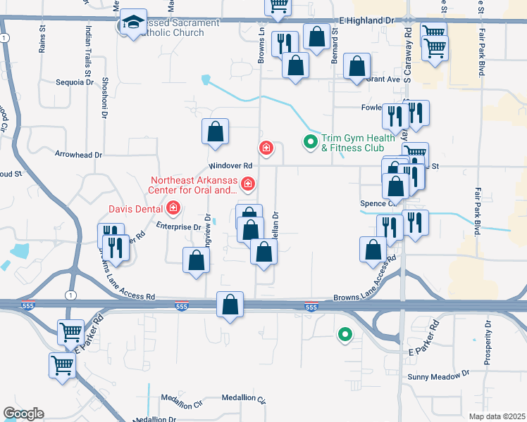 map of restaurants, bars, coffee shops, grocery stores, and more near 2800 Browns Lane in Jonesboro