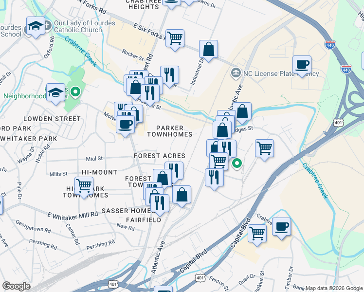 map of restaurants, bars, coffee shops, grocery stores, and more near 2209 Bellaire Avenue in Raleigh