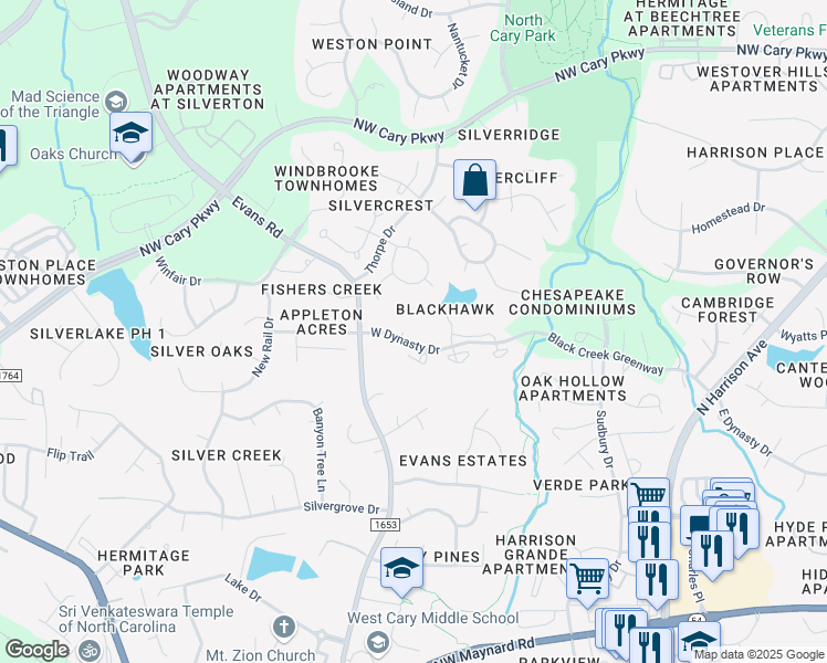 map of restaurants, bars, coffee shops, grocery stores, and more near 623 Glenolden Court in Cary