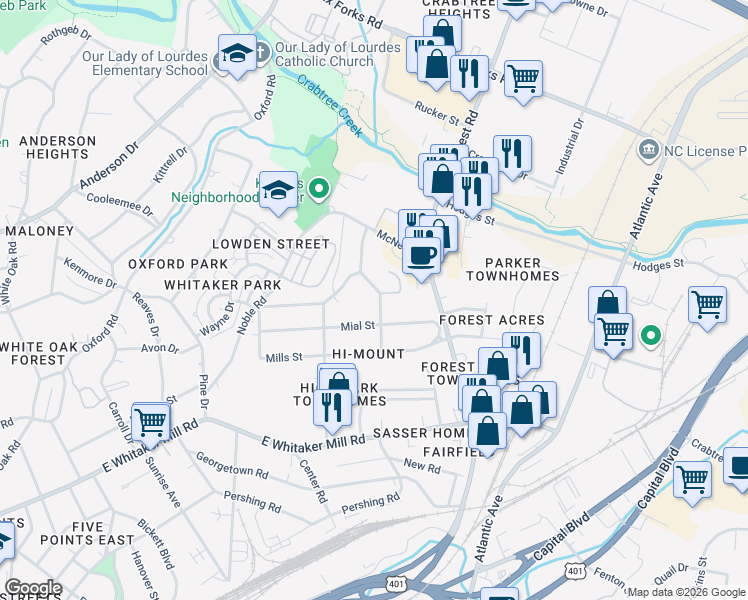 map of restaurants, bars, coffee shops, grocery stores, and more near 2120 Ruark Court in Raleigh