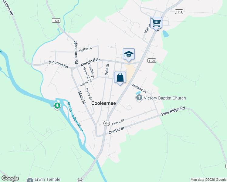 map of restaurants, bars, coffee shops, grocery stores, and more near 175 Watt Street in Mocksville