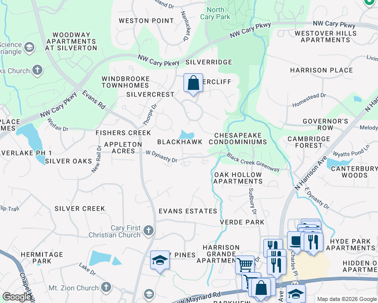 map of restaurants, bars, coffee shops, grocery stores, and more near 109 Lanigan Place in Cary