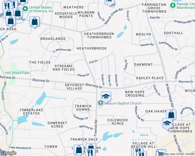 map of restaurants, bars, coffee shops, grocery stores, and more near 3615 Elm Grove Lane in Raleigh