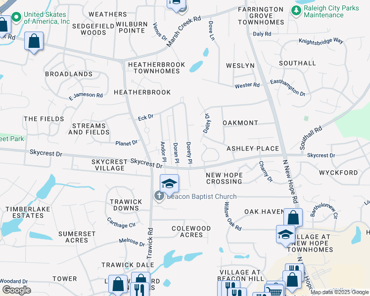map of restaurants, bars, coffee shops, grocery stores, and more near 2313 Dorety Place in Raleigh