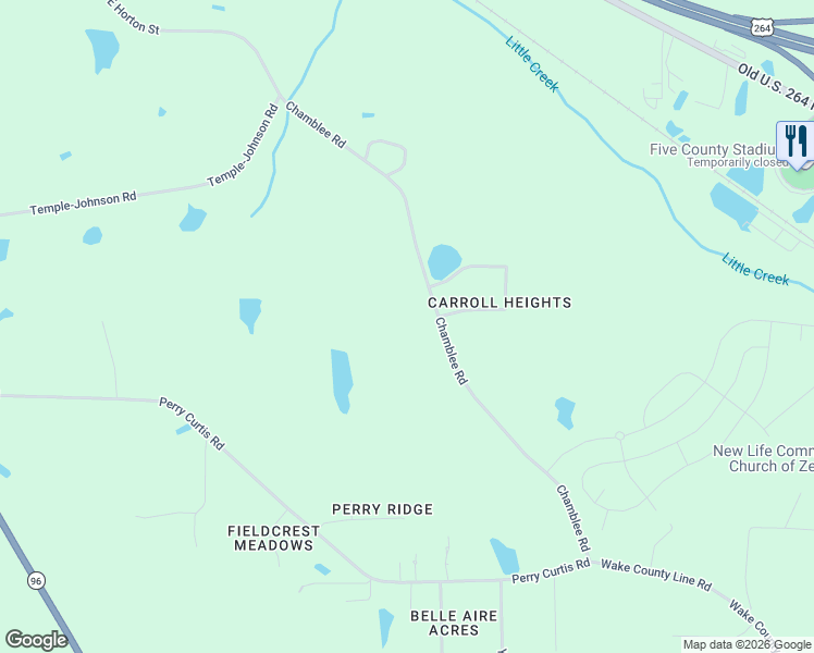 map of restaurants, bars, coffee shops, grocery stores, and more near 1404 Chamblee Road in Zebulon