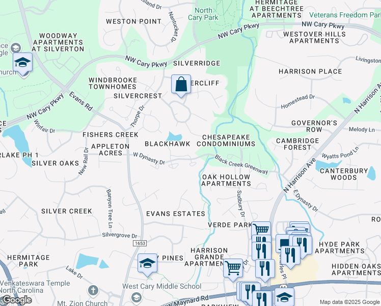 map of restaurants, bars, coffee shops, grocery stores, and more near 120 Waterfall Court in Cary