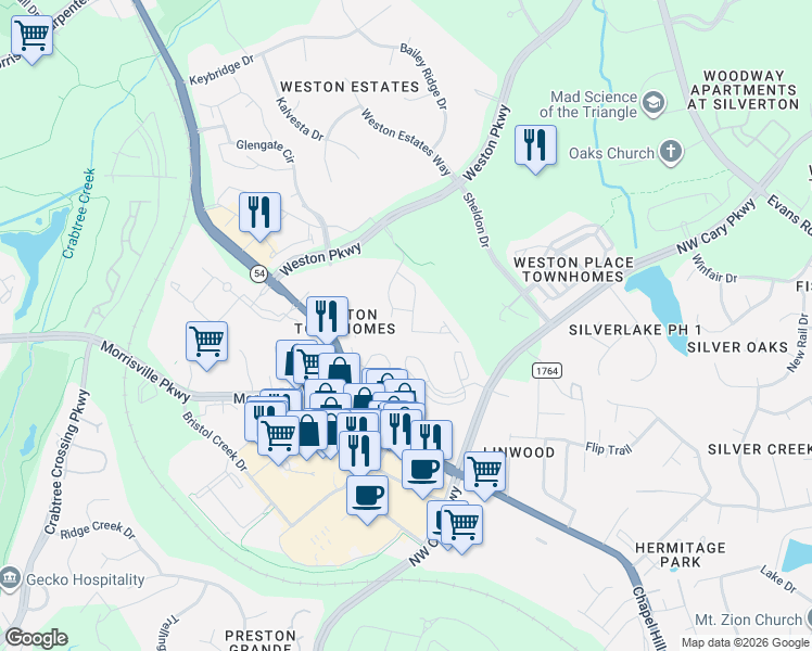 map of restaurants, bars, coffee shops, grocery stores, and more near 203 Wildfell Trail in Cary