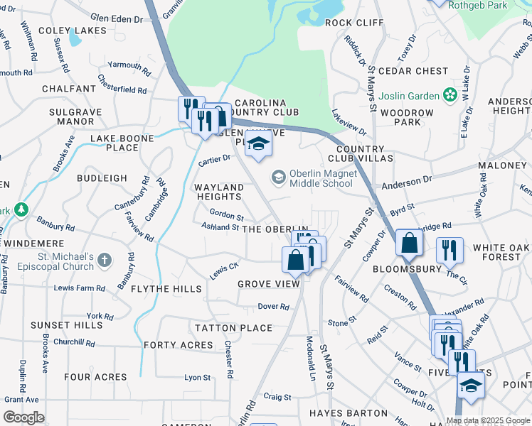 map of restaurants, bars, coffee shops, grocery stores, and more near 2662 Oberlin Road in Raleigh