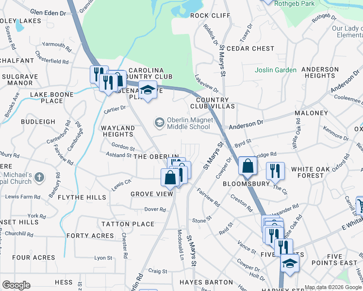 map of restaurants, bars, coffee shops, grocery stores, and more near 2543 Sanderson Drive in Raleigh