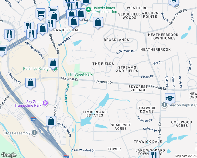 map of restaurants, bars, coffee shops, grocery stores, and more near 3113 Skycrest Drive in Raleigh