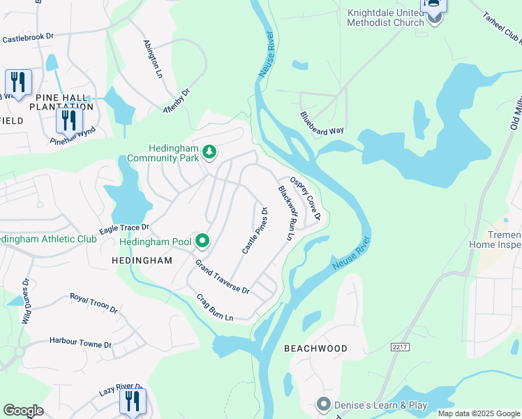 map of restaurants, bars, coffee shops, grocery stores, and more near 2143 Castle Pines Drive in Raleigh