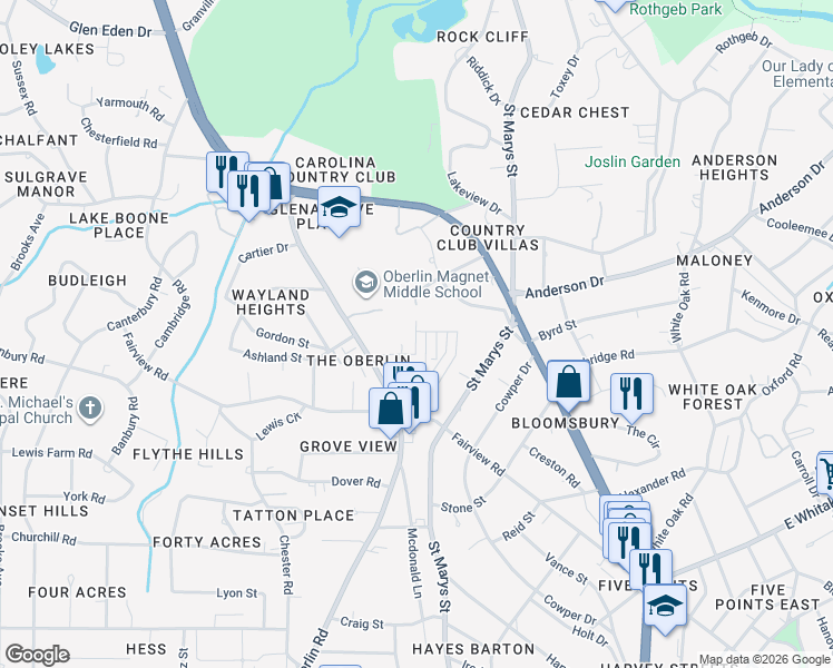 map of restaurants, bars, coffee shops, grocery stores, and more near 2543 Sanderson Drive in Raleigh
