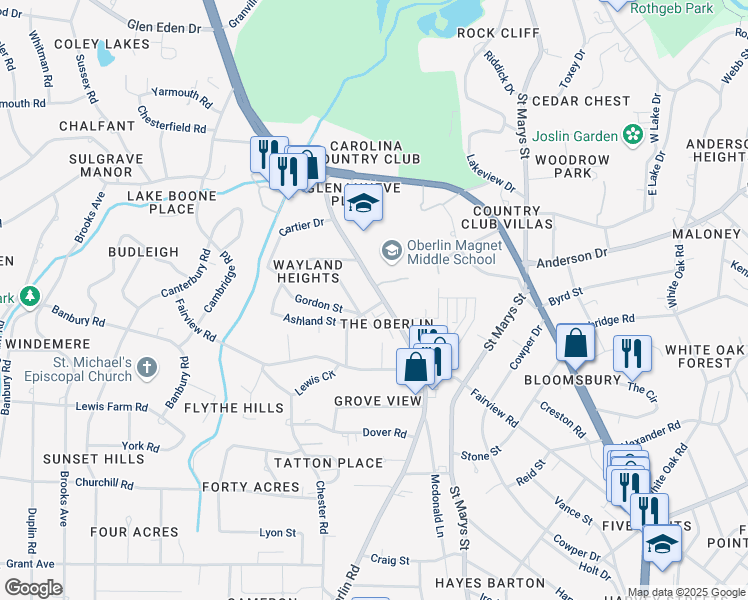 map of restaurants, bars, coffee shops, grocery stores, and more near 2662 Oberlin Road in Raleigh