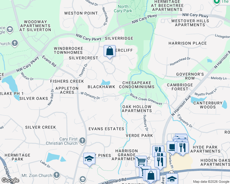 map of restaurants, bars, coffee shops, grocery stores, and more near 120 Waterfall Court in Cary