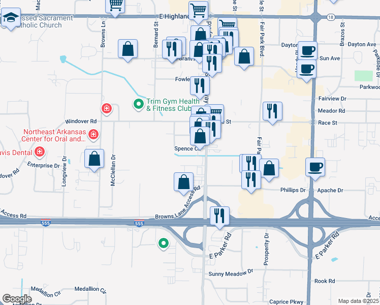 map of restaurants, bars, coffee shops, grocery stores, and more near 2220 Spence Circle in Jonesboro