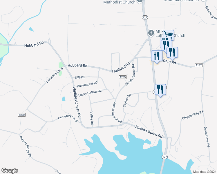 map of restaurants, bars, coffee shops, grocery stores, and more near 357 Northwest Road in Hickory