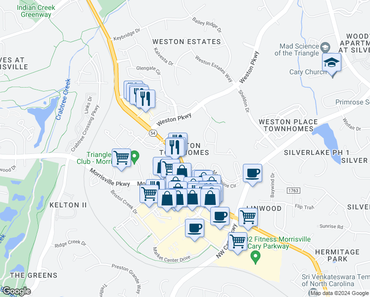 map of restaurants, bars, coffee shops, grocery stores, and more near 100 Kathleen Court in Morrisville