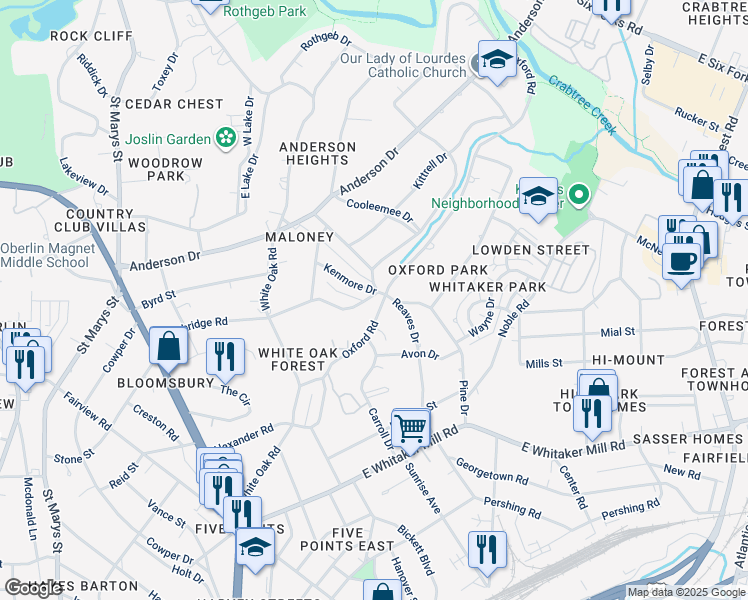 map of restaurants, bars, coffee shops, grocery stores, and more near 2528 Beechridge Road in Raleigh