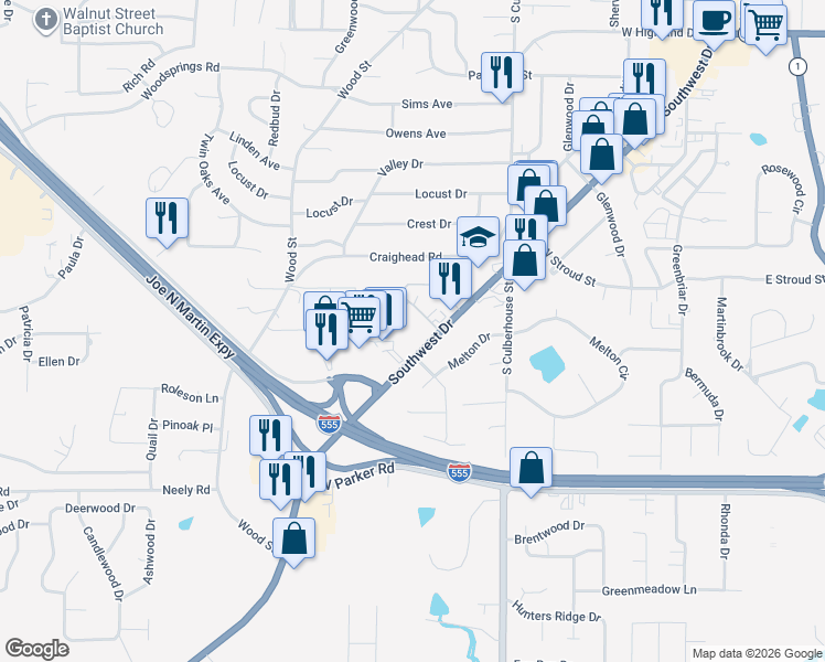 map of restaurants, bars, coffee shops, grocery stores, and more near 740 Southwest Drive in Jonesboro