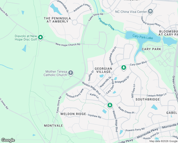 map of restaurants, bars, coffee shops, grocery stores, and more near 406 Fly Bridge Drive in Cary
