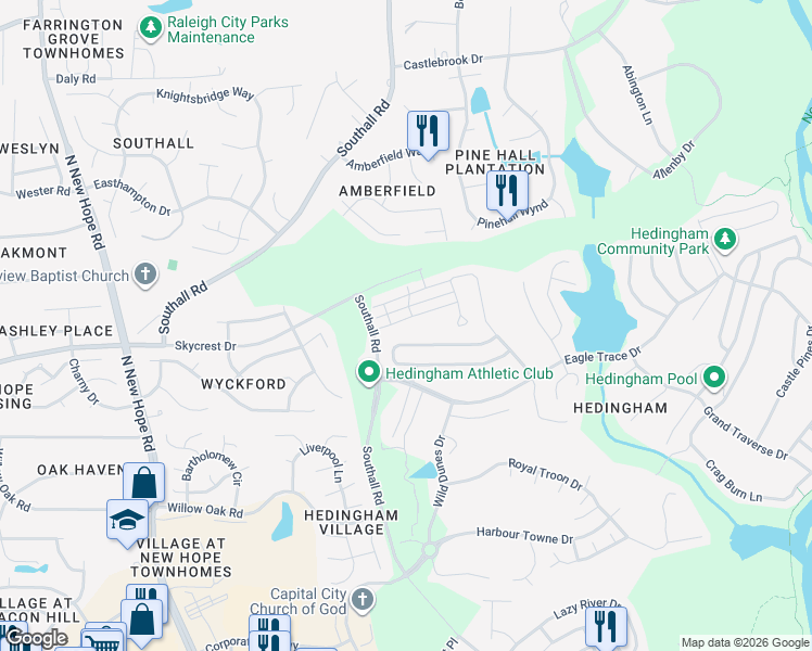 map of restaurants, bars, coffee shops, grocery stores, and more near 4737 Forest Highland Drive in Raleigh