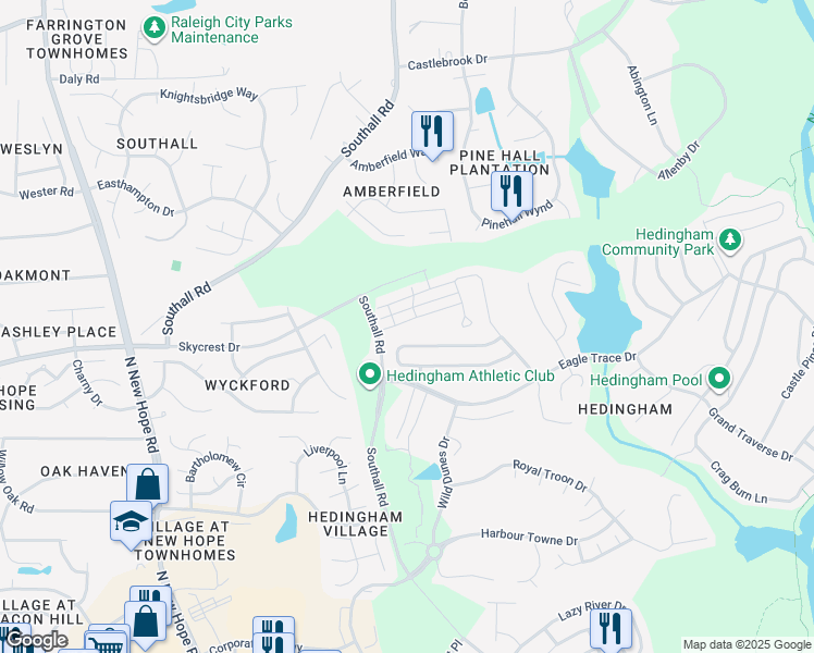 map of restaurants, bars, coffee shops, grocery stores, and more near 4737 Forest Highland Drive in Raleigh