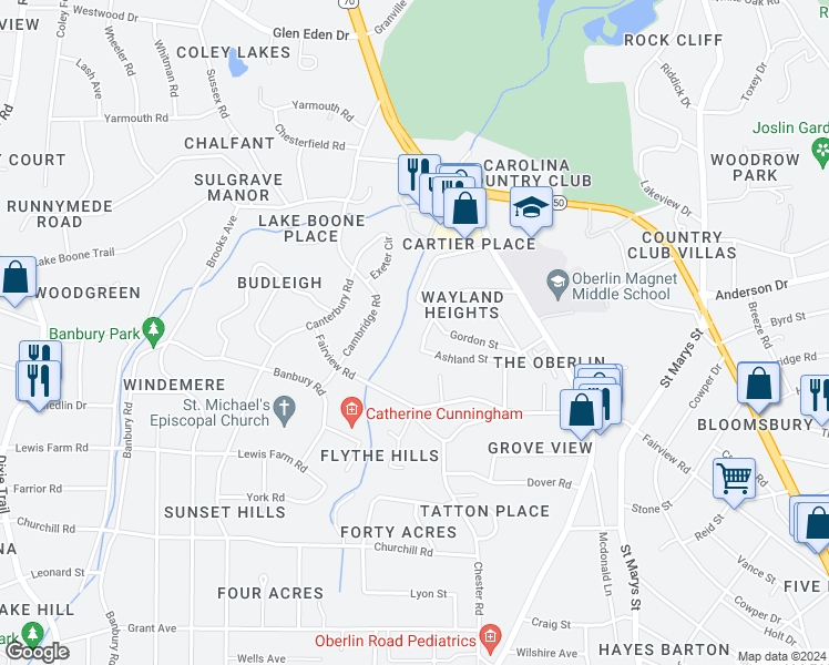 map of restaurants, bars, coffee shops, grocery stores, and more near 2724 Cambridge Road in Raleigh