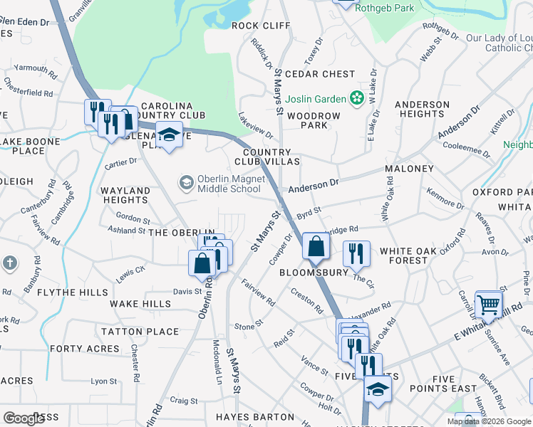 map of restaurants, bars, coffee shops, grocery stores, and more near 2503 Wake Drive in Raleigh