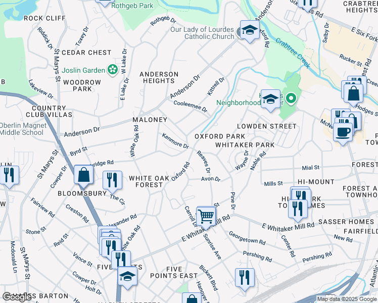 map of restaurants, bars, coffee shops, grocery stores, and more near 2528 Beechridge Road in Raleigh