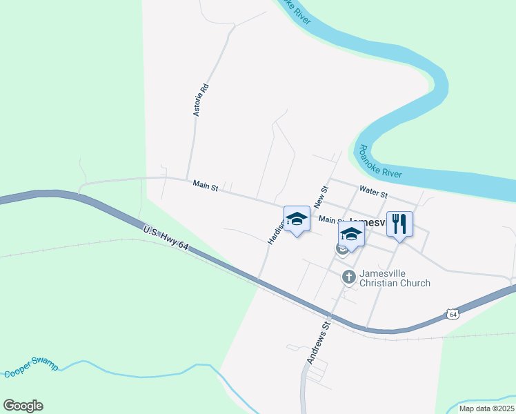 map of restaurants, bars, coffee shops, grocery stores, and more near 1682 Main Street in Jamesville