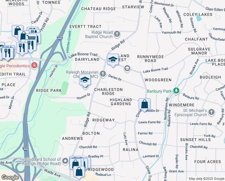 map of restaurants, bars, coffee shops, grocery stores, and more near 3309 Ridgecrest Court in Raleigh