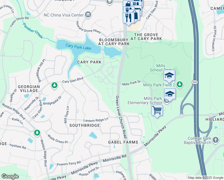 map of restaurants, bars, coffee shops, grocery stores, and more near 406 Bent Tree Lane in Cary