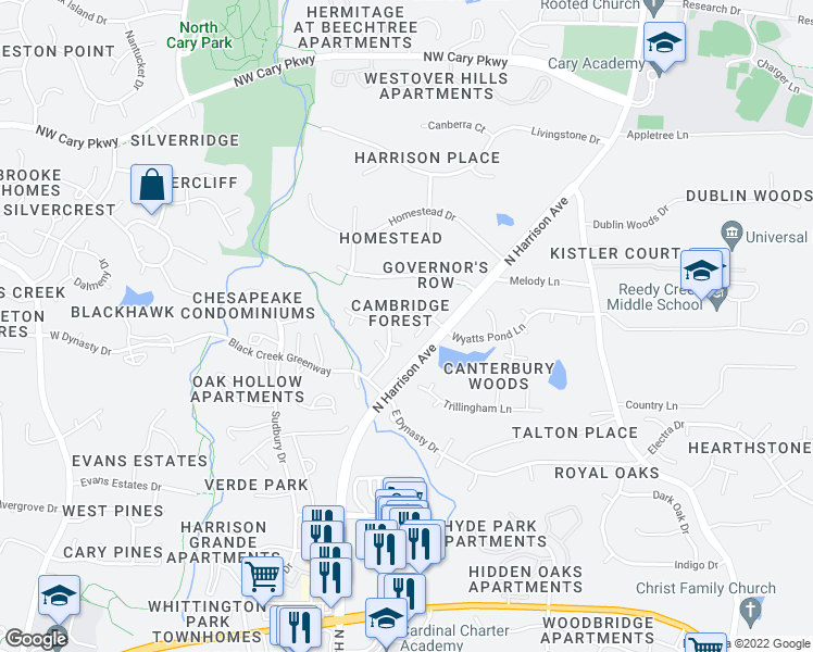 map of restaurants, bars, coffee shops, grocery stores, and more near 103 McCartney Court in Cary