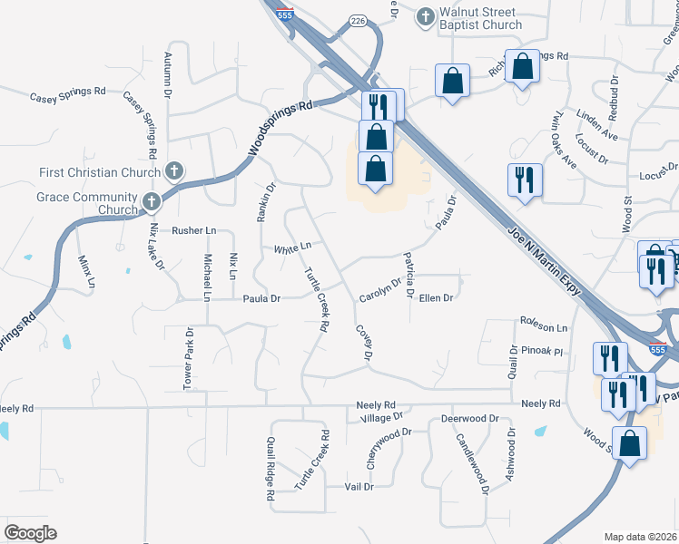 map of restaurants, bars, coffee shops, grocery stores, and more near 2099 Paula Drive in Jonesboro