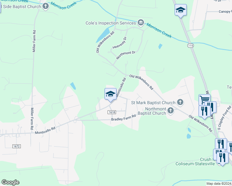 map of restaurants, bars, coffee shops, grocery stores, and more near 138 Monticello Road in Statesville