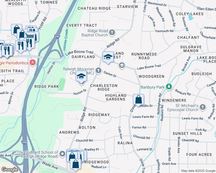 map of restaurants, bars, coffee shops, grocery stores, and more near 3309 Ridgecrest Court in Raleigh